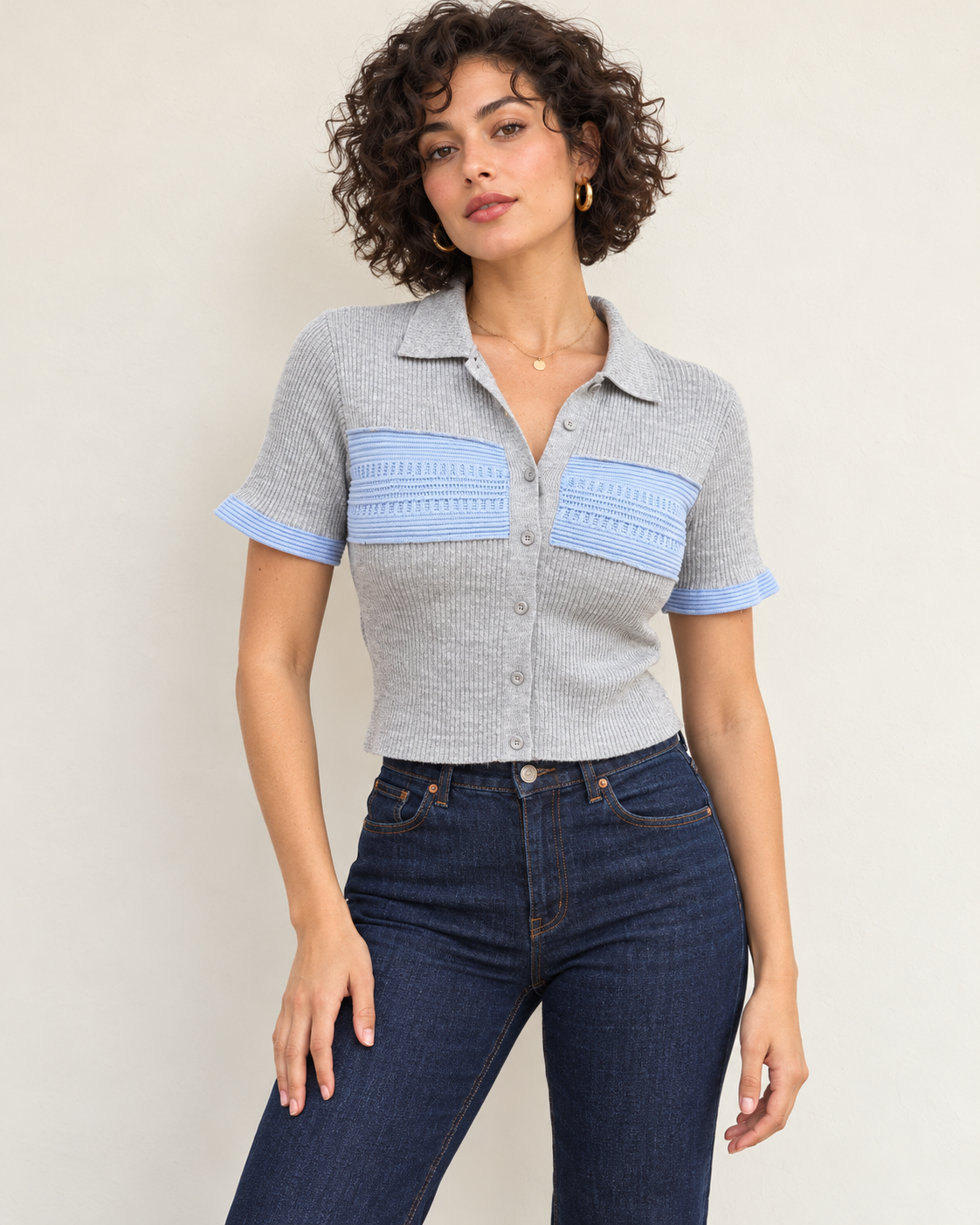 Inge Rachel Color Block Short Sleeve Cardigan
